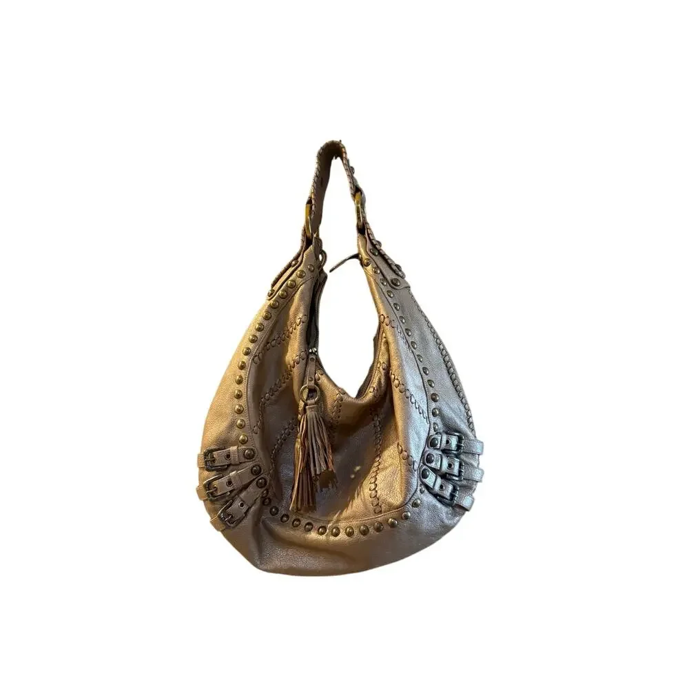 Vintage Isabella Fiore XL Bronze-Gold Studs and Buckles Leather Hobo Bag